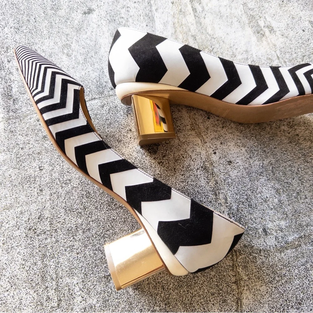 Nicholas Kirkwood Black and White Chevron‎ Suede and Leather Kitten Heel Pumps